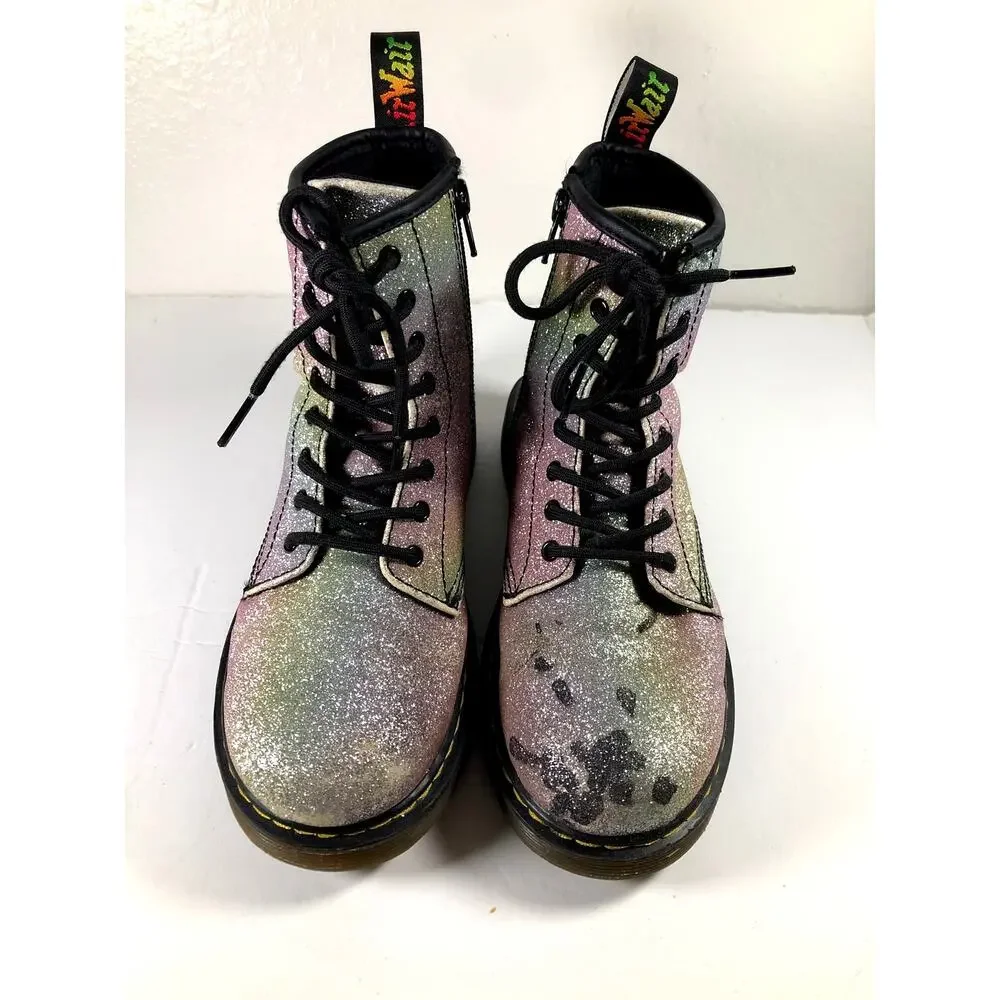 Dr. Martens Kids Pascal Rainbow Glitter Combat Boots 4M thrashed